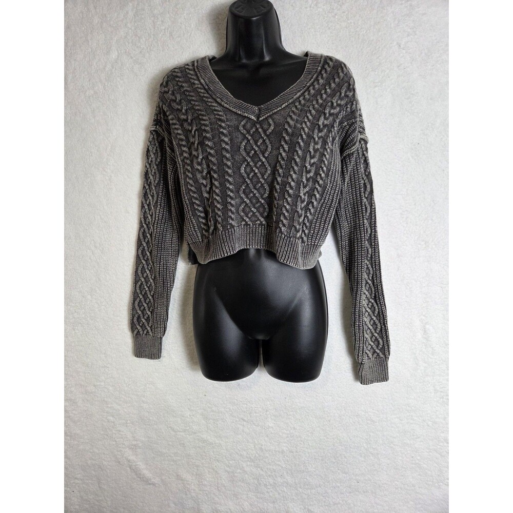 Aeropostale Chunky Cable Knit Sweater XS Gray V Neck Cropped Pullover Cute‎